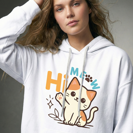 The Pawsitive Vibes - Cute "Hi Meow" Cat Graphic Hoodie(Unisex) Iconic Wears
